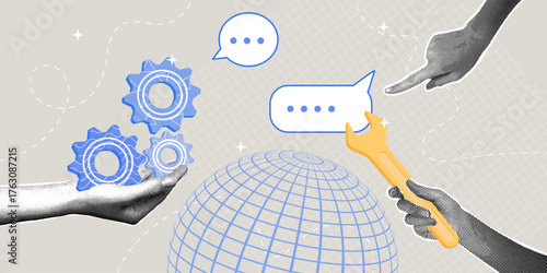 Optimizing global communication and support. Trendy halftone collage. Concept for business improvement, creative thinking, and problem solving.