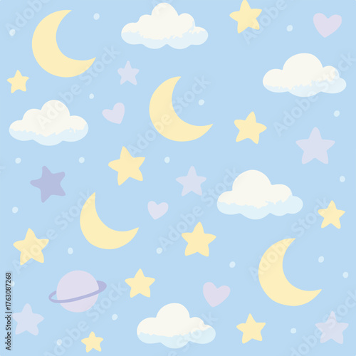 Minimalist Vector Pattern with Celestial Elements in Soft Pastel Colors