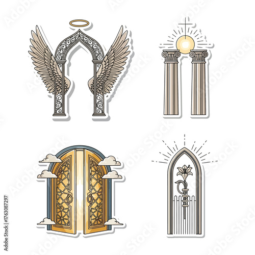 Four detailed illustrations of architectural structures with religious and heavenly themes.