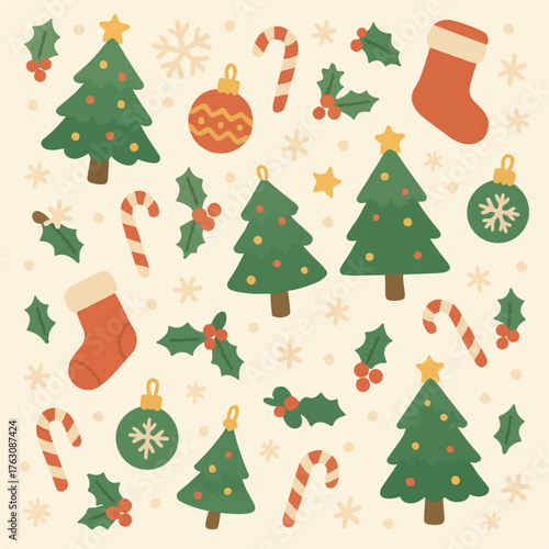 Vector Pattern Holiday Christmas Elements in Decorative Organic Style with Green Red Gold Colors
