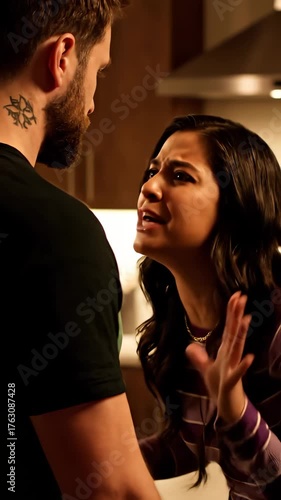 Couple arguing in the kitchen during conflict. An intense close up revealing conflict and upset. Relationship troubles, arguing, domestic dispute.