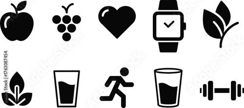 A collection of health and wellness icons including food exercise and monitoring equipment in black