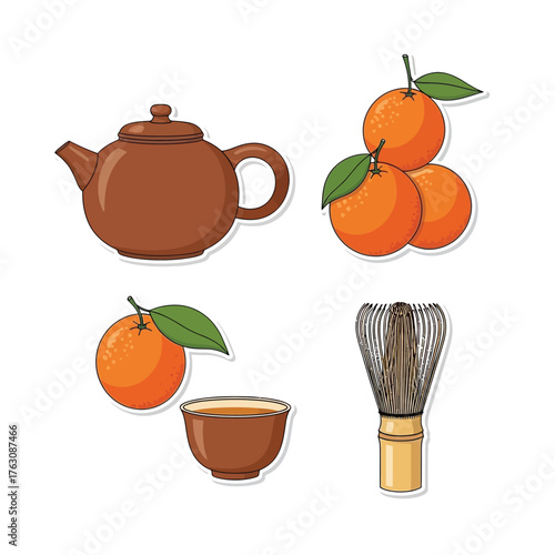 A collection of tea ceremony items including a brown teapot, a small teacup, a matcha whisk, and fresh oranges on a white background.