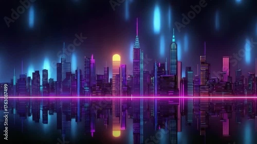 Wallpaper Mural Vibrant skyline with neon lights and reflections at night Torontodigital.ca