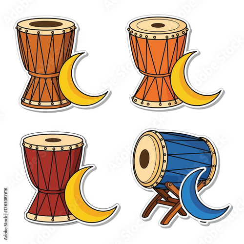Four colorful cartoon drums, including djembe and dholak styles, each accompanied by a crescent moon shape.