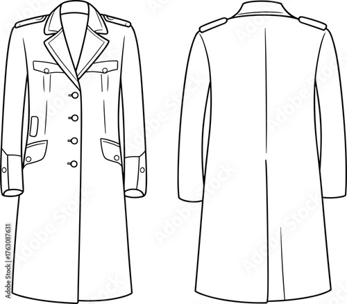 Long double breasted coat flat sketch, fashion cad drawing, technical garment illustration, apparel design template, clothing vector, outerwear fashion design
