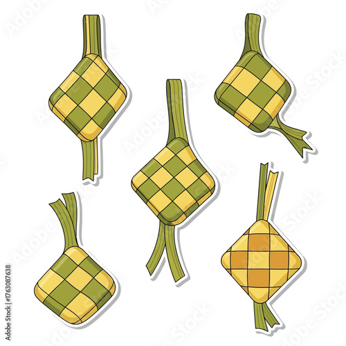 Illustration of five ketupat, traditional rice dumplings, arranged on a white background.