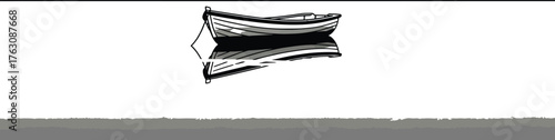 A serene illustration of a small boat floating on calm water under a hazy sky with reflection below