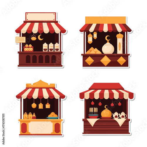 Four colorful market stalls with festive decorations, offering various goods and food items in a flat illustration style.
