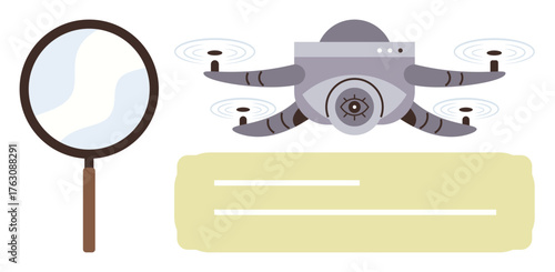 Surveillance quadcopter flies next to a magnifying glass symbolizing data analysis, exploration, and monitoring. Ideal for security, research, innovation, technology, investigation, analytics