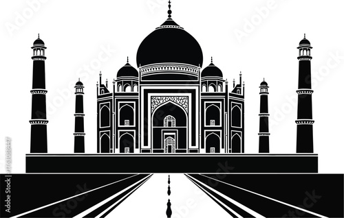 A black and white silhouette of the taj mahal with minarets and a central dome structure design art