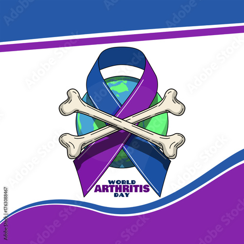 Two crossed bones with a two-tone awareness ribbon of blue and purple, with the earth behind them. Perfect for celebrating World Arthritis Day on October 12th.