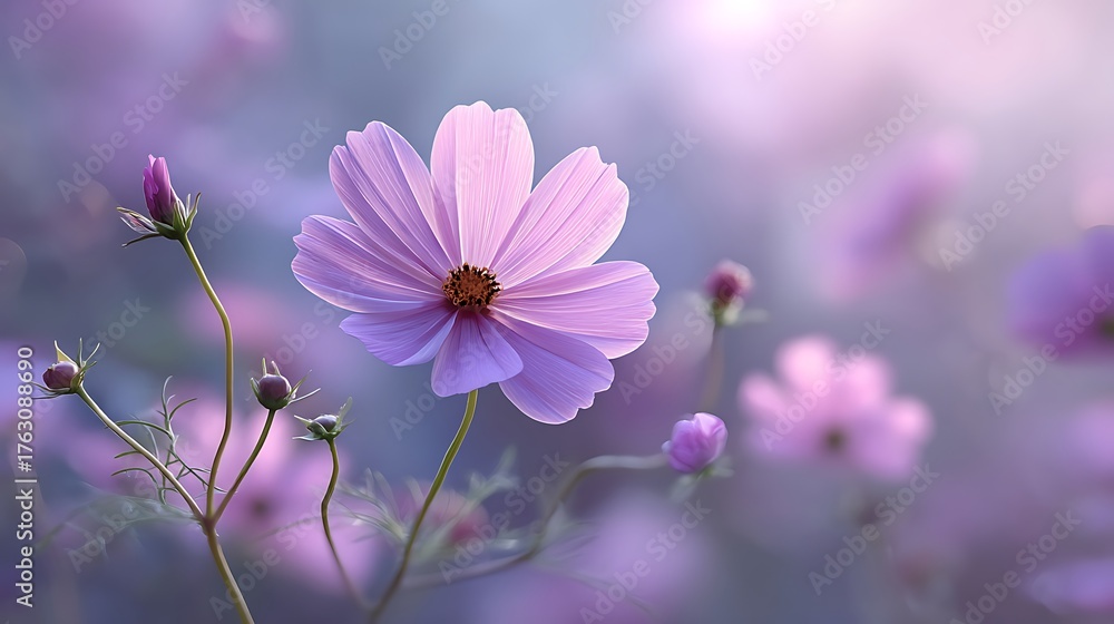 Fototapeta premium Delicate purple cosmos flower blooms gently in soft morning light