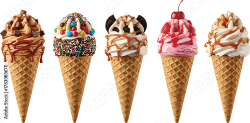 Ice cream cones, chocolate syrup, colorful toppings, cookies and cream, whipped cream, caramel drizzle, cherry dessert, sweet treat, summer snack, frozen dessert, candy topping, waffle cone