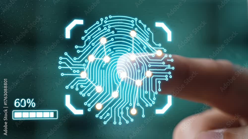 Finger on screen, activating fingerprint scanner. A close-up image of ...
