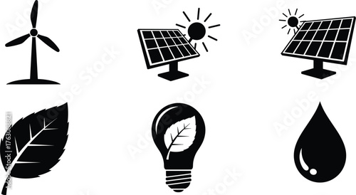 Clean energy icons featuring wind turbine solar panels leaf lightbulb and water drop for eco projects vector