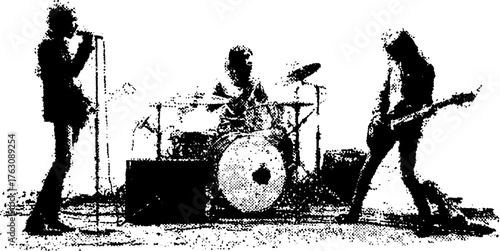 Black and white halftone illustration of punk band performance with gritty xerox effect for art and design
