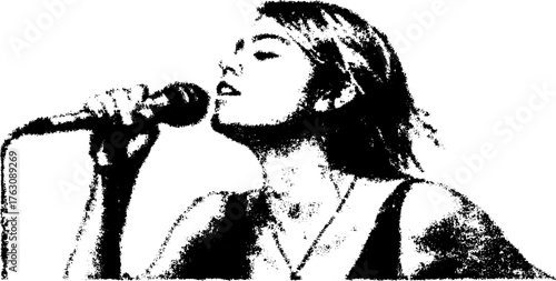 Punk girl singing into microphone in black and white xerographic halftone style