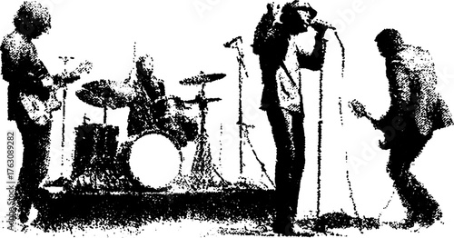 Black and white punk band performance illustration with halftone effect