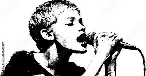 Punk girl singing in black and white halftone design for posters and prints