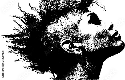 Grunge punk silhouette with mohawk hairstyle in black and white halftone design