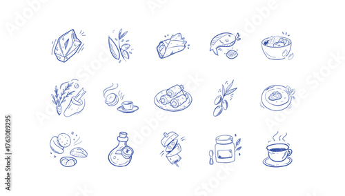 Vector doodle line art illustration of Mediterranean food and organic ingredient set on white background
