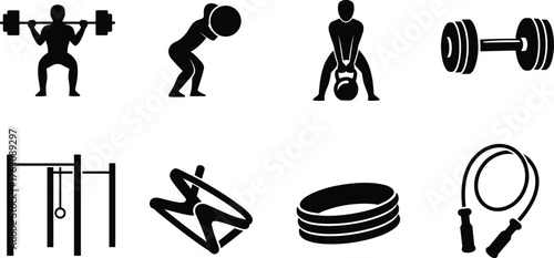 Fitness gym workout icons set strength training bodybuilding exercises equipment sports vector