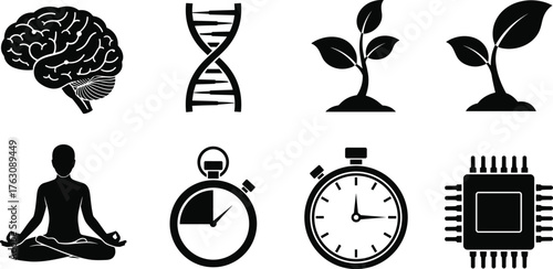Conceptual icons representing brain dna growth meditation timing and technology chips vector
