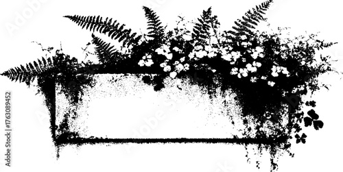 Retro black and white halftone illustration of floral arrangement with ferns for design projects