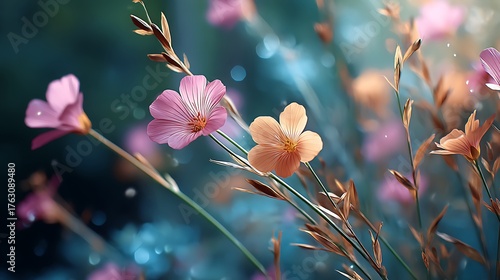 Delicate pink and peach flowers bloom gently in soft, dreamy light