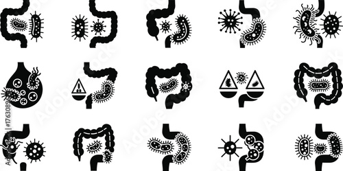 Collection of intestine icons representing health issues and medical conditions vector