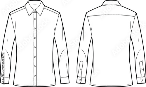 Long sleeve button up shirt technical flat sketch, fashion CAD drawing, apparel design vector illustration, garment construction template, clothing blueprintLong sleeve button 