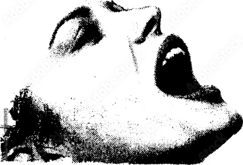 Dramatic black and white halftone illustration of a screaming face in retro style