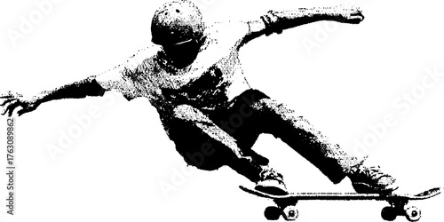Dynamic black and white halftone illustration of skateboarder in motion for urban design
