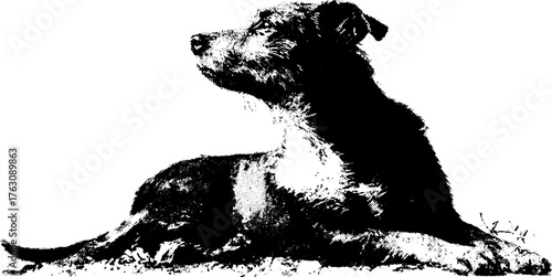 Vintage halftone illustration of a sitting dog with xerox effect for posters and prints