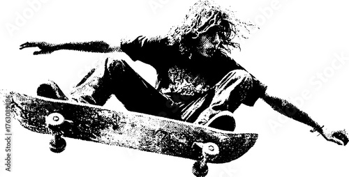Urban skateboarding adventure in black and white halftone design for retro posters