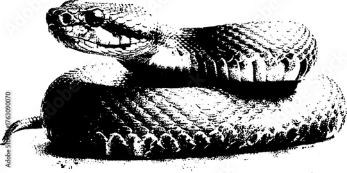 Black and white halftone snake illustration with gothic xerox effect for posters or tattoos