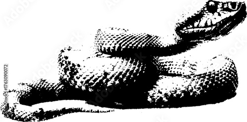 Curved snake in black and white halftone art – tattoo and design concept