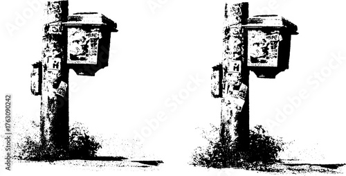 Gritty urban street art scene with sticker-covered utility pole in black and white halftone