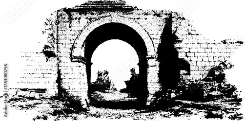 Black and white halftone illustration of stone arch ruins for historical design