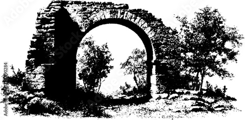 Black and white xerographic halftone of stone arch and trees for design projects