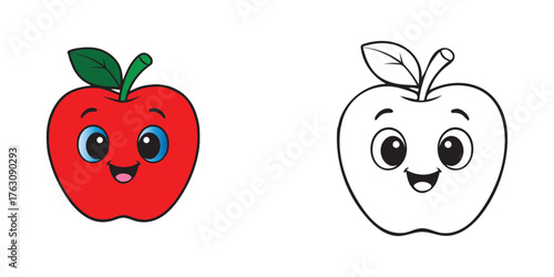 Cute Cartoon Apple with Face - Coloring Page and Colored Version.