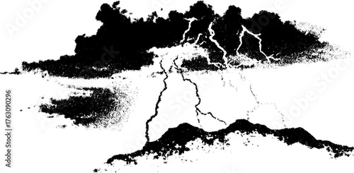 Black and white halftone illustration of lightning storm with dramatic cloudscape