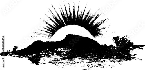 Black and white halftone sunrise scene for retro design