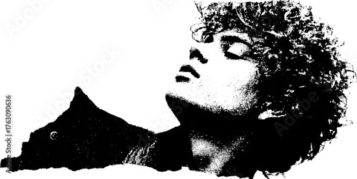 Vintage halftone portrait with torn edges: black and white retro design