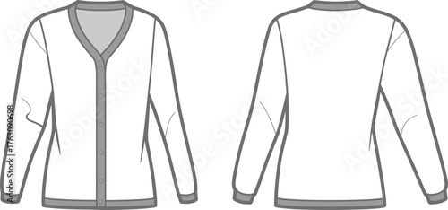 Long sleeve cardigan flat sketch, fashion technical drawing, V neck button down sweater design, apparel CAD template, ribbed trim vector illustration