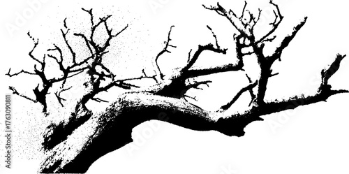 Black and white halftone illustration of twisted tree branches for grunge design
