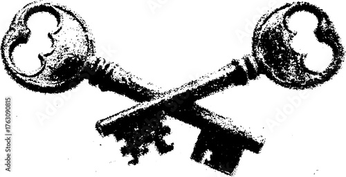 Vintage gothic crossed keys halftone design for grunge posters and prints