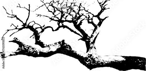 Gritty black and white xerox halftone of twisted tree for artistic design