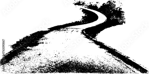 Curved landscape path in black and white halftone art for retro design